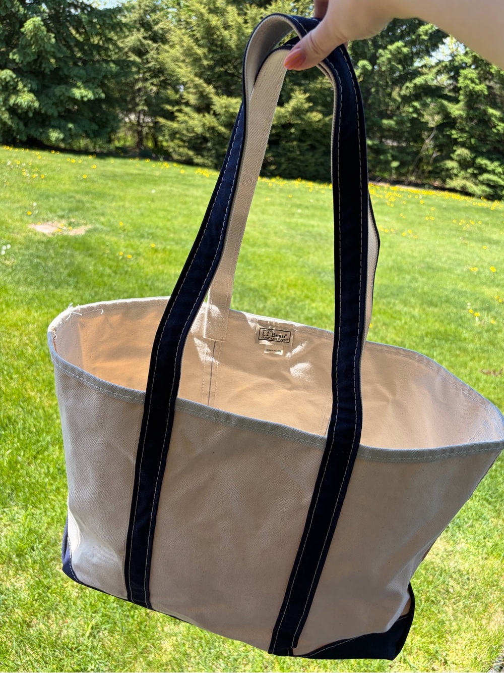 LLbean made in USA boat and tote navy cream large tote bag with long handles - Picture 8 of 13